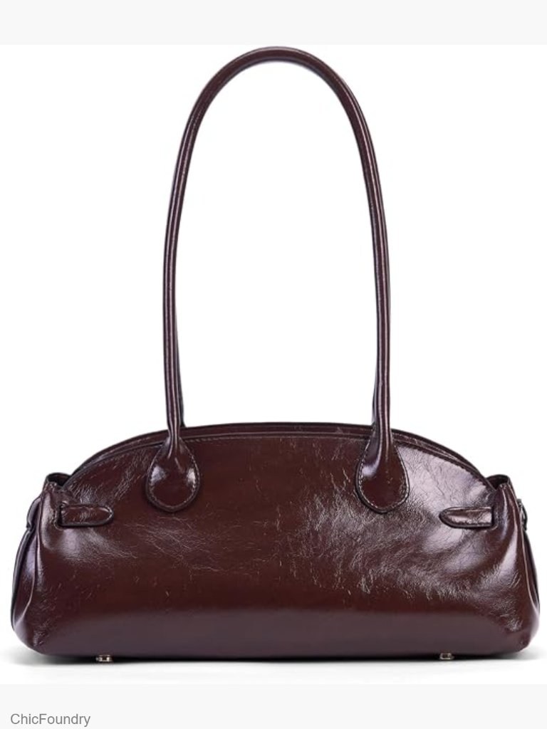 Vintage Glossy Leather Hobo Shoulder Bag - Elegant Dome Handbag